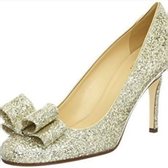 KATE SPADE NEW YORK AUTH $399 Women's Gold Glitter Leather Krysta Pumps Size 10 - Picture 1 of 9
